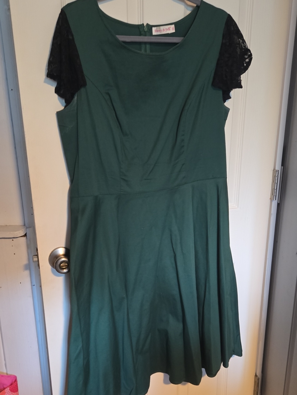 Forest Green Fit-and-Flare Dress with Black Lace Sleeves